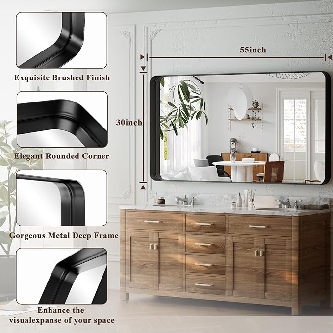 55"x 30" Black Bathroom Mirror - Aluminum Framed Wall Mirror, Bathroom Wall Mounted Vanity Mirror, Modern Bathroom Mirror, Bedroom, Living Room Wall Mirror, Hang Horizontally or Vertically