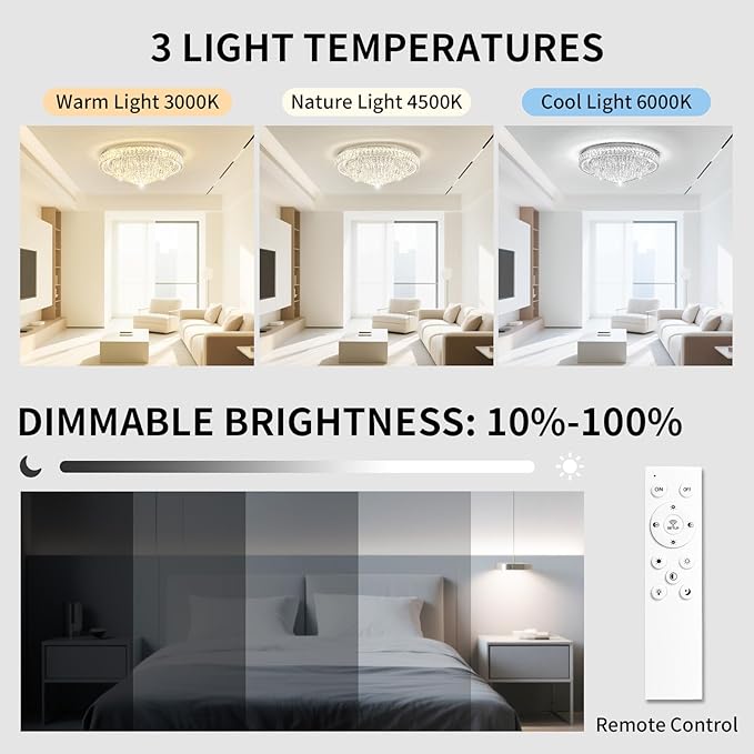 30" Ceiling Crystal Chandeliers: K9 Crystals 3 Color Temperature Led Light Dimmable with Remote - Modern Silver Chandelier Crystal Flush Mount Ceiling Lights for Dining Room, Living Room, Bedroom