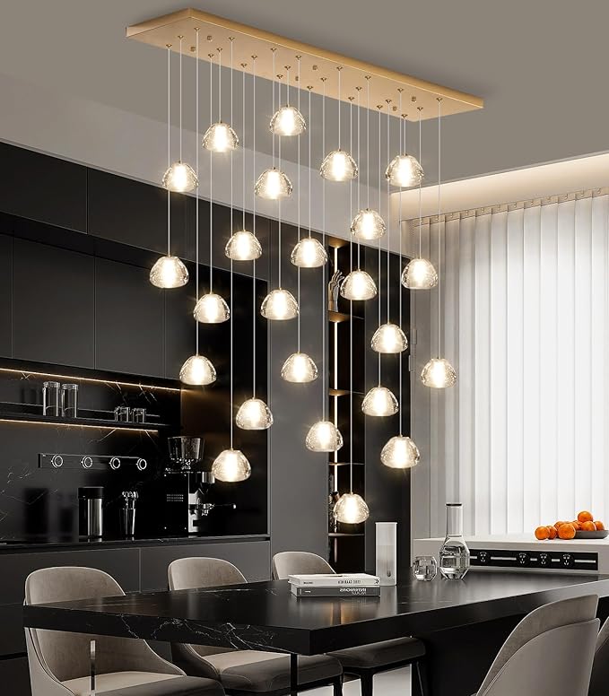 24-Lights Modern Crystal Rectangular Chandelier LED Raindrop Ceiling Pendant Light Crystal Lighting Fixture for Living Room Hotel Staircase Hallway Foyer Entryway Bedroom Gold