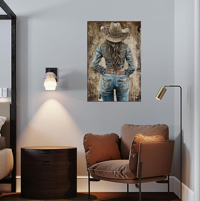 Beautiful Women Western Cowboy Pictures Wall Decor Retro Cowboy Wall Art Canvas Prints Southwestern Poster Trendy Western Painting Artwork for Bedroom Living Room Framed(12L" x 16W")