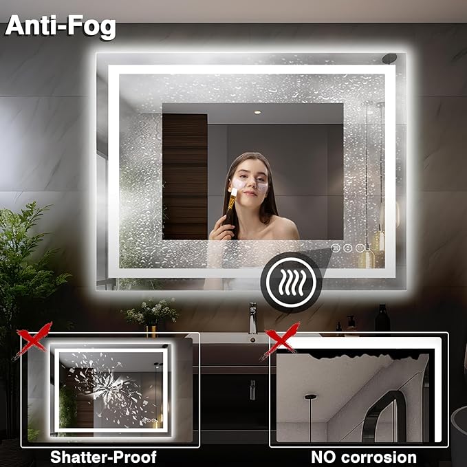 44"x36" LED Light Mirror for Bathroom (Front and Backlit), Anti-Fog Bathroom Vanity Mirror, Stepless Dimmable Lighted Mirror, Tempered Glass, Memory (Horizontal/Vertical)