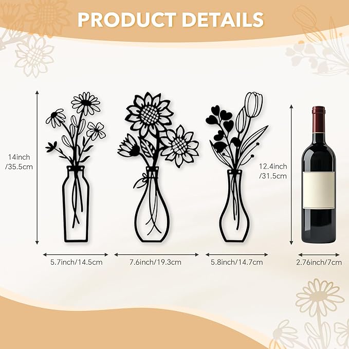 Mcdagogn 3 Pieces Metal Flowers Wall Arts - Rustic Farmhouse Wall Decor, Minimalist Black and White Wall Decor for Living room Bathroom Bedroom Dining Room Kitchen Office - Housewarming Gifts