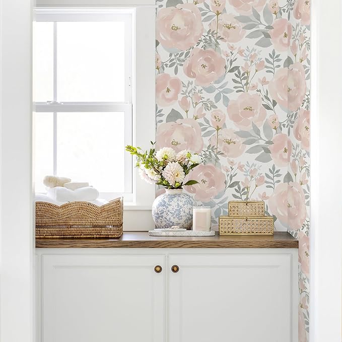 Orainege Peel and Stick Wallpaper Floral Wallpaper 17.3in x118.1in Floral Contact Paper Peony Self Adhesive Removable Wall Paper for Cabinets Walls Shelf Liner, Light Pink