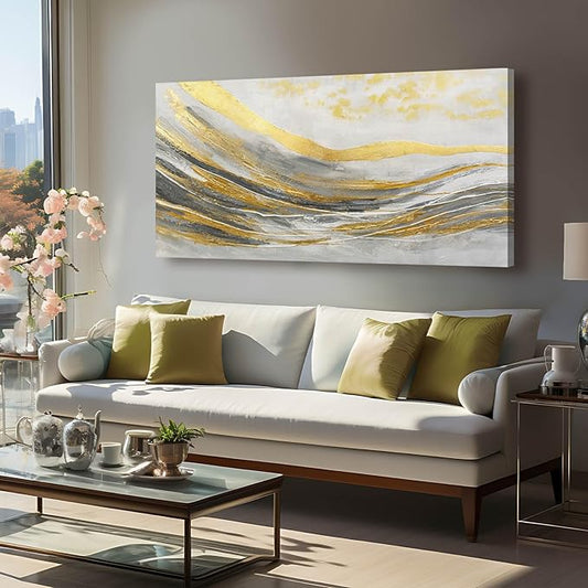 Abstract Wall Decorations Line Wall Art Prints Grey and Gold Canvas Wall Pictures 24"x48" Large Artwork for Living Room Office Decor