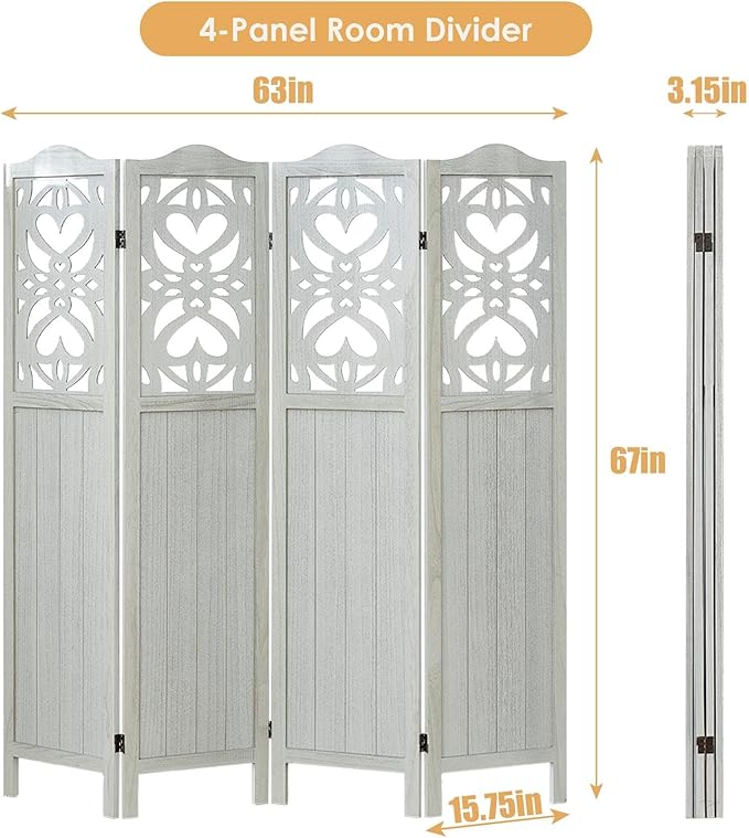 4 Panel Room Divider Fully Assembled, Carved Room Dividers and Folding Screens, 5.6Ft Wood Room Divider Screen Freestanding Partition Wall Dividers for Home Bedroom Office, Rustic White