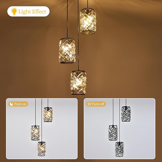 Black Crystal Pendant Light for Kitchen Island, Adjustable Hanging Chandelier with Ambient Lighting, 51 Inch Chain, E12 Base, Plated Modern Farmhouse Fixture for Dining Room, Bedroom, Living Room