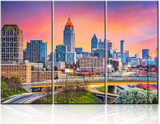 Modern Art Work Urban Office Buildings Pictures for Living Room 3 Piece Canvas Wall Art Atlanta, Georgia Skyline Painting Cityscape Home Decor Artwork Framed Stretched Ready to Hang - 40‘’x20‘’x3