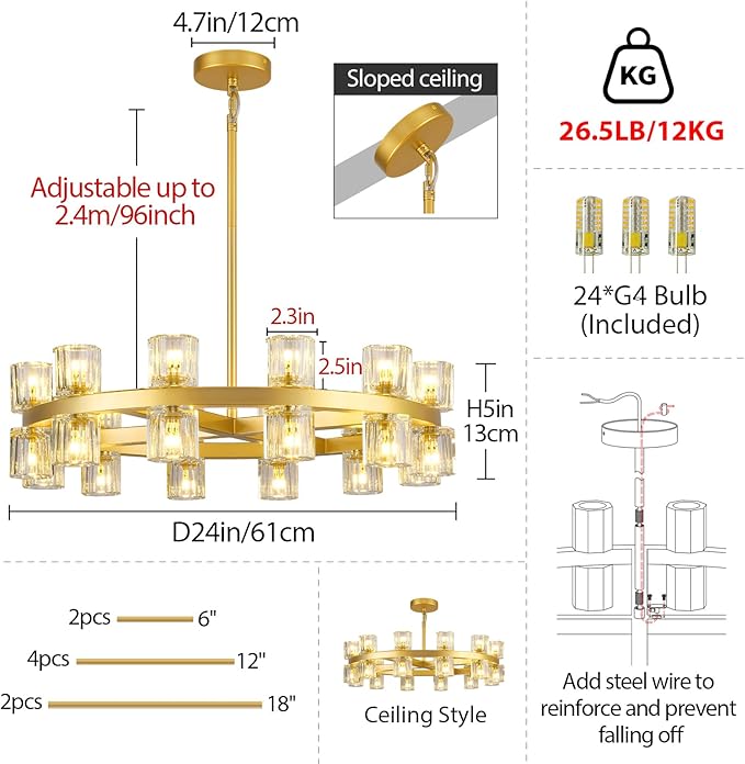 Modern 24" Gold Crystal Chandelier,K9 Crystal Round Chandeliers for Dining Room,Living Room Chandelier, Dining Room Chandeliers Over Table, Sutiable for Bedroom,Foyer,G4 Includes Bulbs