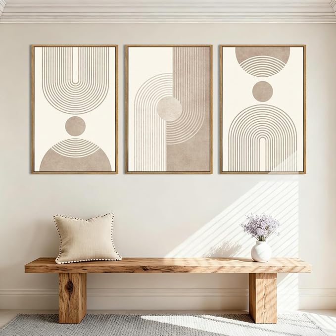 BINCUE Beige Neutral Canvas Wall Art Framed Geometric Abstract Wall Decor Mid Century Modern Artwork Wall Decor for Living Room Bedroom Office 16"x24" Set 3 Gift