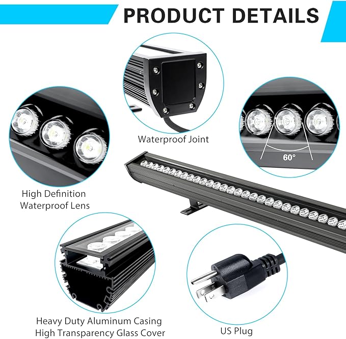 54W Outdoor LED Wall Washer Light, 40IN 6840LM 2700K Warm White Heavy Duty Aluminum LED Wall Washer Light Bar, 120V Waterproof IP67 Outdoor LED Light Bar for Patio Yard Garden, Plug in