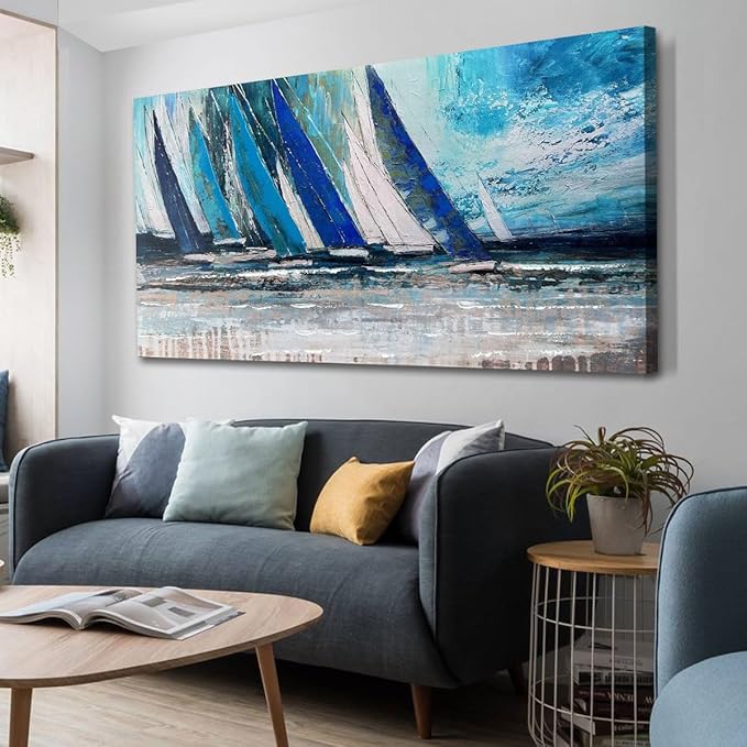 Arjun Blue Abstract Wall Art Canvas for Living Room Teal Ocean Sailboat Textured Bedroom Picture Modern Turquoise Coastal Nautical Painting Large Framed Artwork Home Office Wall Decor, 40"x20"