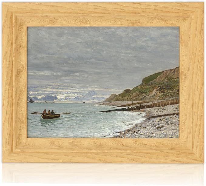 Brivoria Framed Canvas Wall Art Vintage Decor, Realistic Coastal Landscape with Rowboat Rocky Shore and Cliffside Under Grey Sky for Kitchen Entryway Shelf Display or Tabletop Decor, 8"x10"