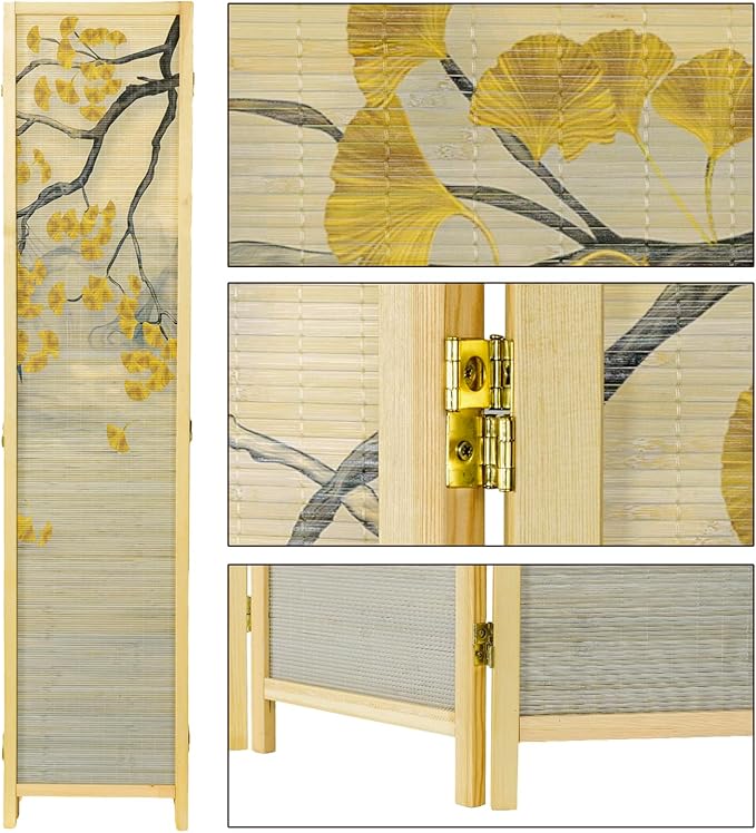 MyGift 6 Panel Large Bamboo Room Divider with Dual Sided Asian Birds Gingko Biloba Tree Sunset Design Print, 6FT Freestanding Artwork Privacy Partition Folding Screen with Beige Solid Wood Frame