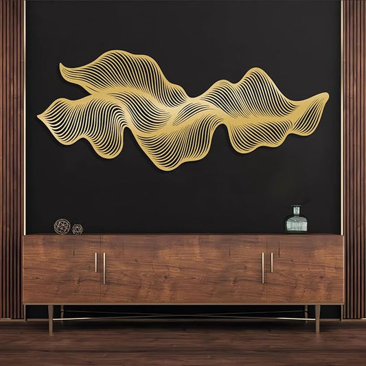 Modern Abstract Metal Wall Decor, Flowing Lines Metal Wall Art, Modern Luxury Wall Hanging, Modern Abstract Wall Art, Large Minimalist Sculpture for Home Office Decor (Gold, 15"x35"|37x90cm)