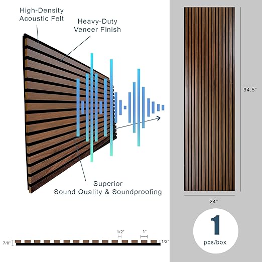 94" L x 24" W Acoustic Wood Wall Paneling, Decorative Sound Proof Panels for Walls and Ceilings, 3D Slat Wood Wall Panels (Set of 10) (Dark Chestnut)