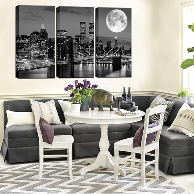 Biuteawal New York Skyline Wall Art Brooklyn Bridge Moon Night View Picture Canvas Print Black and White City Artwork Painting Modern Home Office Living Room Decoration