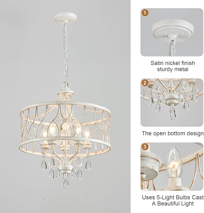 Modern Crystal Chandelier, 5-Light Farmhouse White Chandelier for Dining Room Vintage Hanging Pendant Light Fixtures Round Chandelier for Kitchen Island Entryway Foyer Bedroom Office Bar