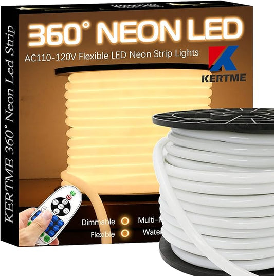 360° Neon Led Type AC 110-120V 360 Degree NEON LED Light Strip, Flexible/Waterproof/Dimmable/Multi-Modes LED Rope Light + Remote for Home/Garden/Building Decor (16.4ft/5m, Warm White 3500K)