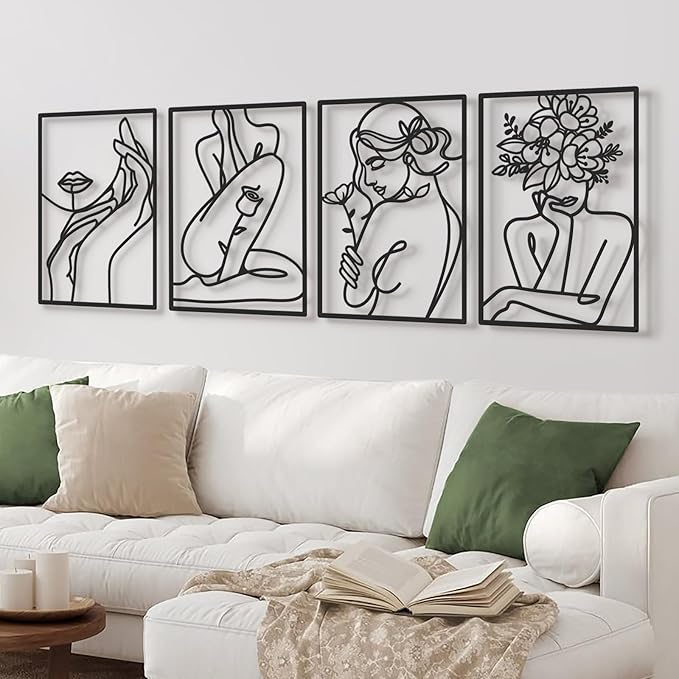 Bakovity Black Metal Wall Art, Abstract Flower Line Sculpture, Black Minimalist Modern Wall Decor for Living Room, Bedroom, Bathroom (4 Pieces, 22.5x15.7 Inches)