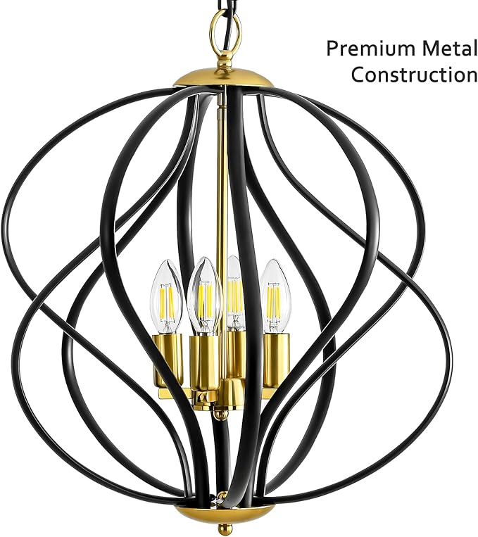 17” Modern Black and Gold Chandelier for Dining Room - 4-Light Industrial Sphere Pendant Light, Hanging Geometric Chandelier for Kitchen, Entryway, Foyer, Stairs