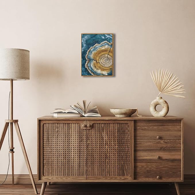 BingruiArt Framed Tree Ring Canvas Wall Art Abstract Wood Wall Decor Boho Modern Colorful Nature Painting Wood Stump Prints Pictures for Living Room Bedroom Bathroom Office 12"x16" Natural Framed(07)