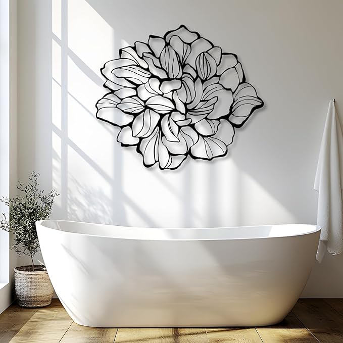 Bisamu Metal Flower Wall Art, Minimalist Floral Line Wall Decor for Living Room, Bedroom, Bathroom, Housewarming Gift for Women,Black Metal Wall Decor Art (24"x 20" | 60 x 51cm)