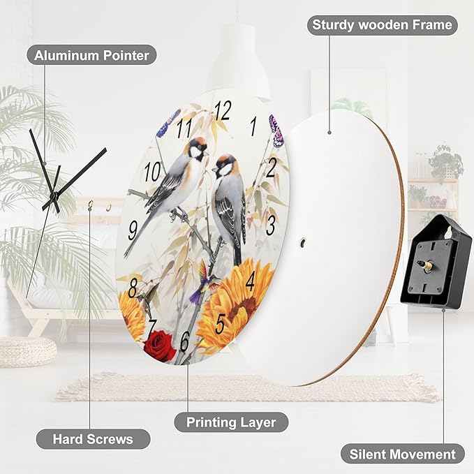 Bird Bamboo Forest Oriental Art Circular Wall Clock, Black Bamboo Forest Butterfly Love Bird Art Decoration, Colorful Butterfly Art Home Wooden Silent Wall Clock 12x12INCH