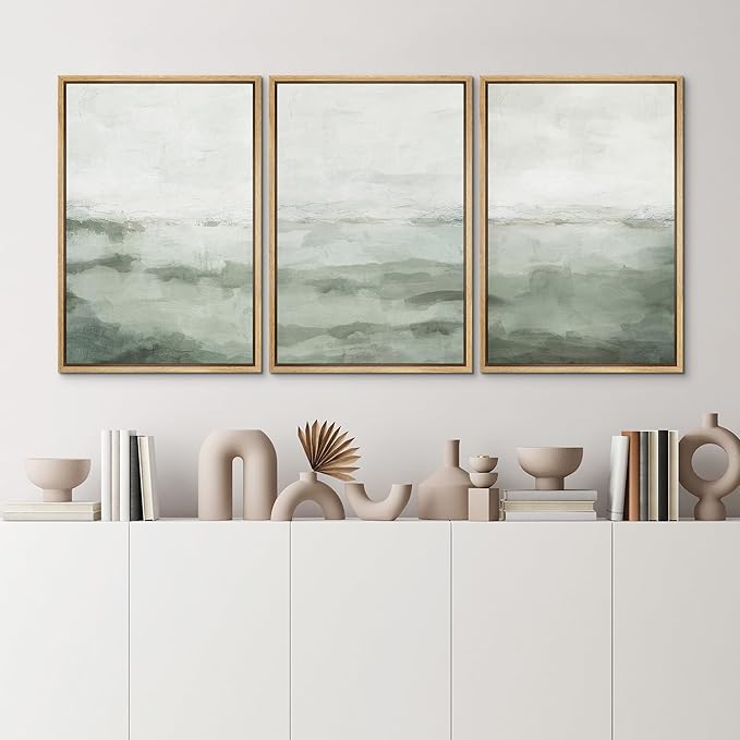 MUDECOR Framed Canvas Print Wall Art Sage Green Abstract Prints Minimalist Modern Wall Art Decor for Bedroom - 24"x36"x3 Natural