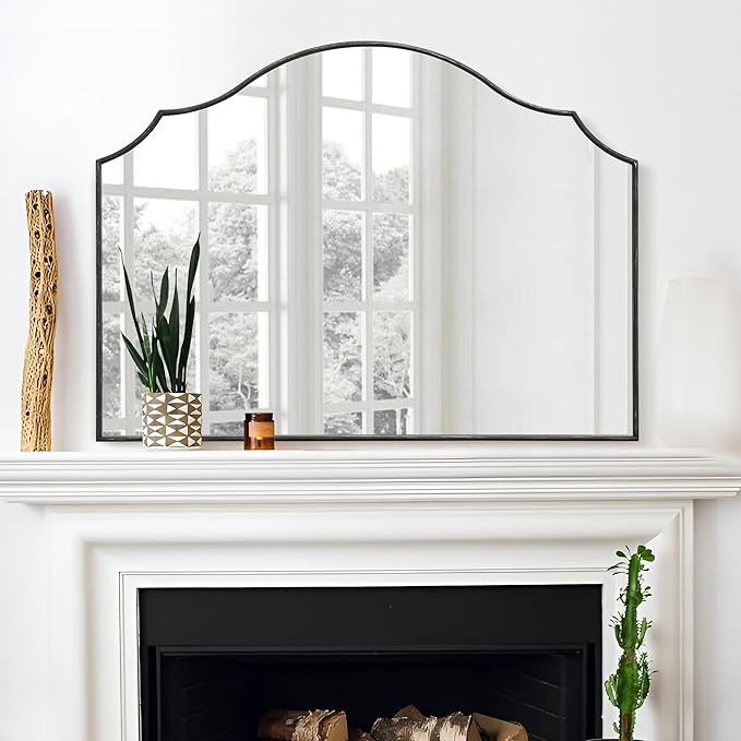 Black Scalloped Wall Mirror: 40"x29" Large Modern Minimalist Vanity Arched Mirror for Home Decor/Living Room/Bedroom/Fireplace/Mantle/Entryway