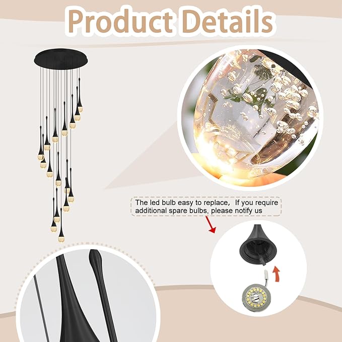 120'' Bubble Crystal Raindrop Chandeliers 16-Lights Black Long Staircase Chandelier Foyer High Ceiling Chandeliers Loft Slante LED Dimmable Ceiling Fixtures