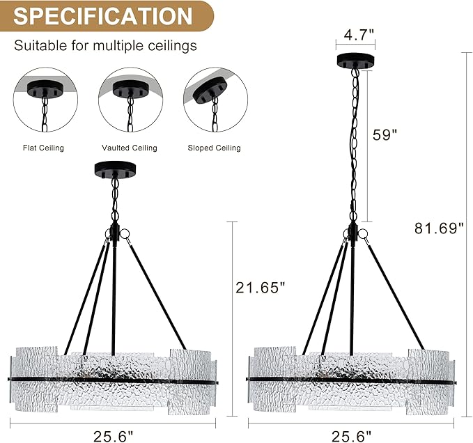 MAYNA Modern Dining Room Chandelier 25.6” Black Textured Glass Chandelier Luxury Drum Crystal Light Fixture Farmhouse Round Hanging Lighting for Dining Room Kitchen Island Living Room Hallway Bedroom