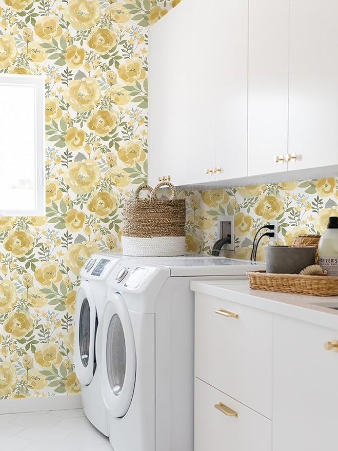 Orainege Floral Wallpaper Peel and Stick Wallpaper 16.9inx196.8in Self Adhesive Wallpaper Boho Contact Paper Removable Decorative Wall Paper for Bedroom Bathroom Shelf Liner Decor Vinyl,Yellow