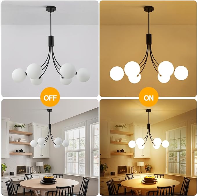 6-Light Modern Farmhouse Black Chandelier, Mid Century Dining Room Light Fixtures Over Table, Hanging Sputnik Chandelier for Kitchen Island Living Room Bedroom Office, Milk White Globe Glass Shade