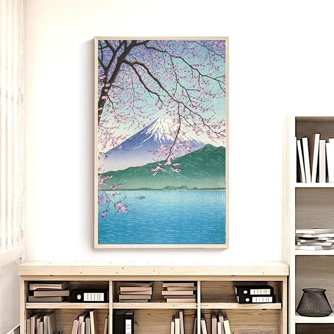 OZCONO Japanese Mount Fuji Wall Art Print, Cherry Blossom Lake Scene, UV-Resistant Gallery Quality Giclée Print, Unframed (Unframed) (36L x 24W)