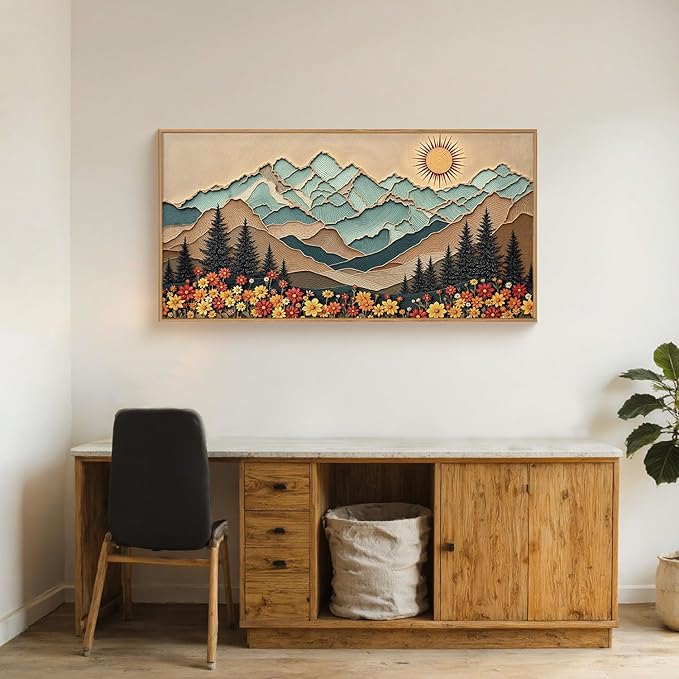 Large Wood Grain Mountain Framed Canvas Wall Art Set,Vintage Sunrise Forest Floral Wall Decor,Rustic Boho Natural Wilderness Art Printing for Living Room,Bedroom,Office-20 * 40"