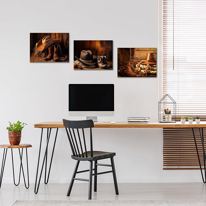 LyerArtork 3 Pieces Western Cowboy Decor Canvas Wall Art Straw Hat Boot Roper Vintage Pictures Brown Prints West Farmhouse Artwork Wall Decor for Living Room Bedroom 12"x16"x3pcs