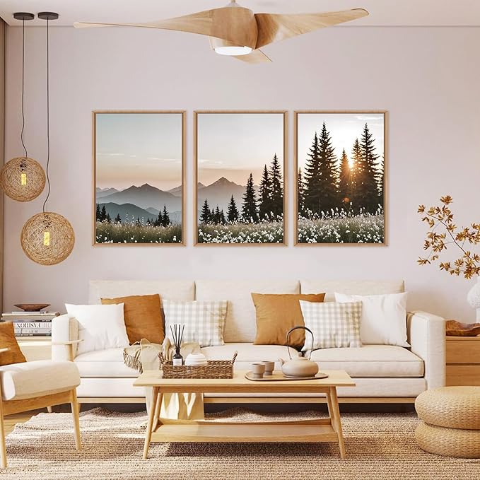 Large Mountain Sunlight Calming Framed Canvas Wall Art Set,Boho Nature Pine Tree Landscape Wall Decor,Modern Sunrise Forest Art Printing for Living Room,Bedroom-16 x24 x3