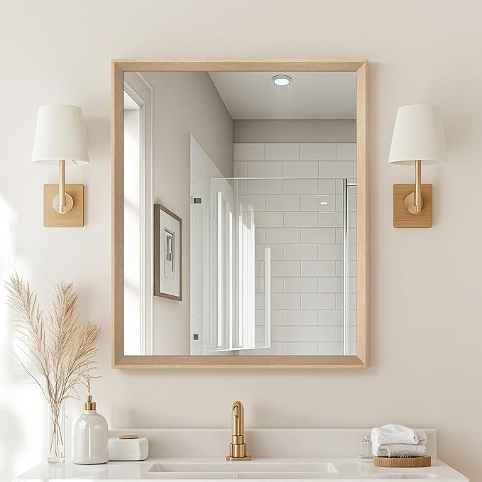 Oak Wood Effect Framed Wall Mirror, 30x36 Rectangle Mirror, 1/8" Anti-desilvering Tempered Glass, Sustainable& Sturdy Frame, Anti-Rust, HD Reflection &3min Fast Setup for Bathroom Living Room