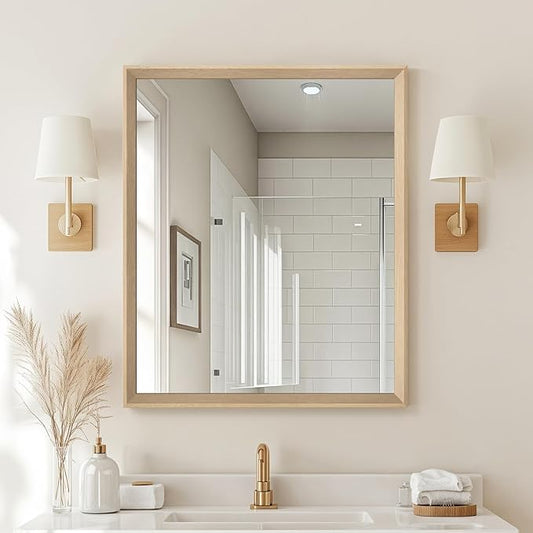 Oak Wood Effect Framed Wall Mirror, 30x36 Rectangle Mirror, 1/8" Anti-desilvering Tempered Glass, Sustainable& Sturdy Frame, Anti-Rust, HD Reflection &3min Fast Setup for Bathroom Living Room