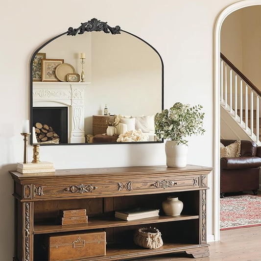 MISSDAY Vintage Arched Baroque Mirror for Wall, 36"X30" Antique Wall Mirror with Elegant Carving Top, Full Metal Frame Wall-Mounted Mirror for Bathroom, Living Room, Fireplace, Entryway, Matte Black
