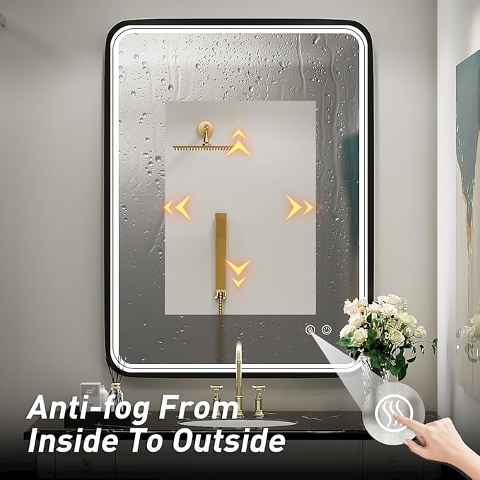 32X24 Inch LED Bathroom Mirror with Light, Black Metal Frame Mirror, Wall Mounted Lighted Vanity Mirrors for Wall, Anti Fog Dimmable Led Mirror for Makeup