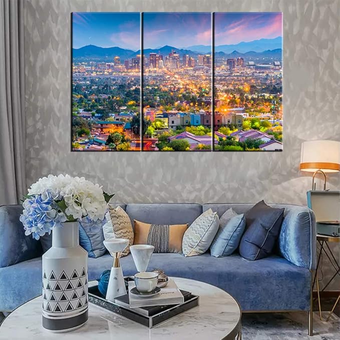 3 Pieces City Skyline Wall Art Painting Phoenix, Arizona, USA Downtown Pictures Prints On Canvas Landscape The Picture Decor Oil For Home Modern Decoration Print For Items - 28‘’ x 14‘’ x 3 Panels