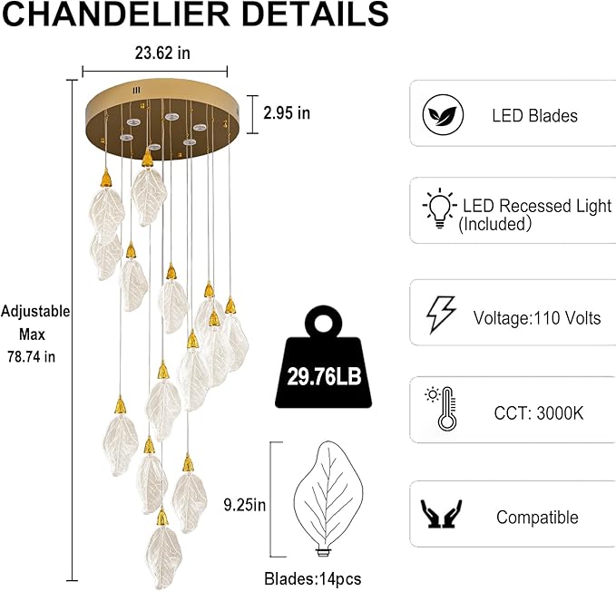 Modern Staircase Chandelier, 20-Lights LED Large Chandeliers for High Ceilings,H78 Long Staircase Lights, Platinum Leaf Foyer High Cailings Lights,Unique Light Fixture for Foyer Entryway