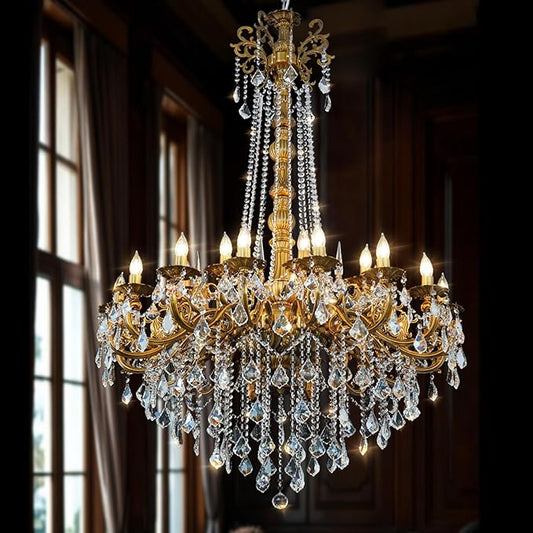 24-Light Antique Gold Crystal Chandelier, Extra Large Luxury Candle Chandelier Lighting Fixture for High Ceiling Foyer, Grand Entryway Living Room, Oversized D39 H64