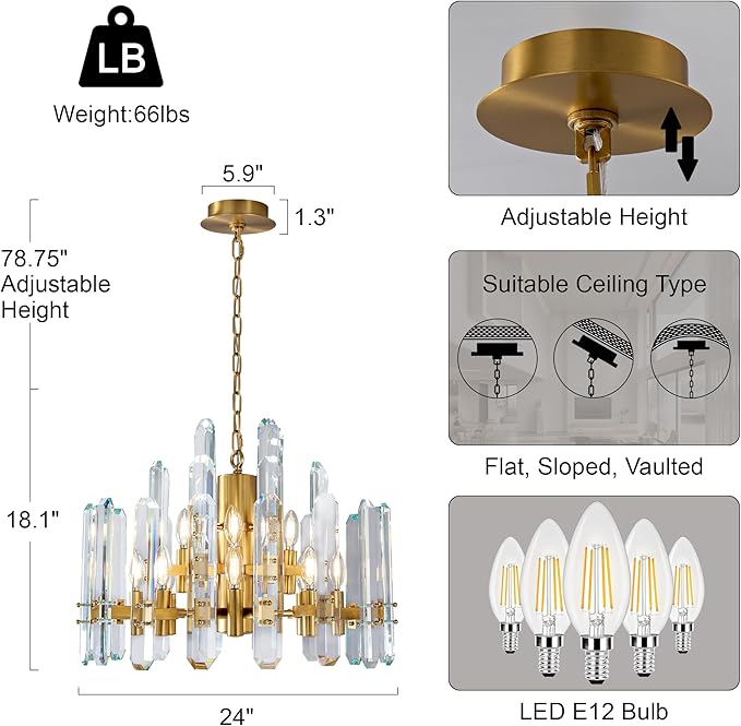 24" Modern Crystal Chandelier, 12-Light Luxury Gold Chandelier for Dining Room, Living Room, Bedroom, Foyer, Kitchen, Restaurant, Contemporary Round Adjustable Chain Chandeliers K9 Light Fixture