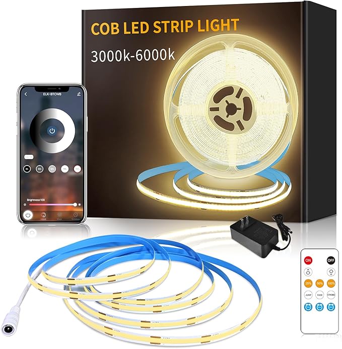 16.4ft COB LED Strip Lights 3000K Warm White Dimmable DC 24V Flexible LED Tape Light for Bedroom, with Remote and app Control LED Light Strip,for DIY Home Decoration
