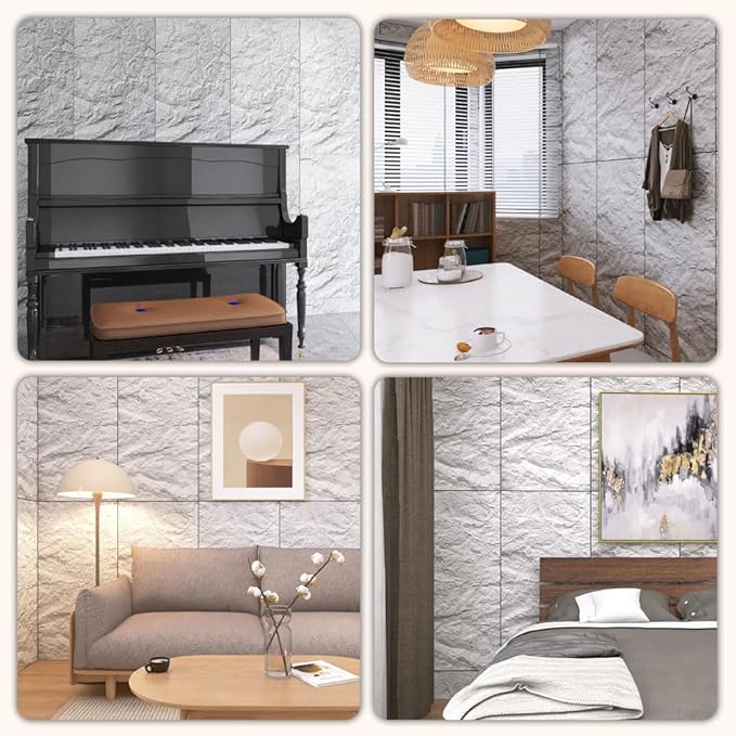 Modern 3D Wall Panels - Faux Stone Look, Waterproof PU Wainscoting for Interior Wall Decor - 4 Pack, 43.31 x 23.62 inches, White Color