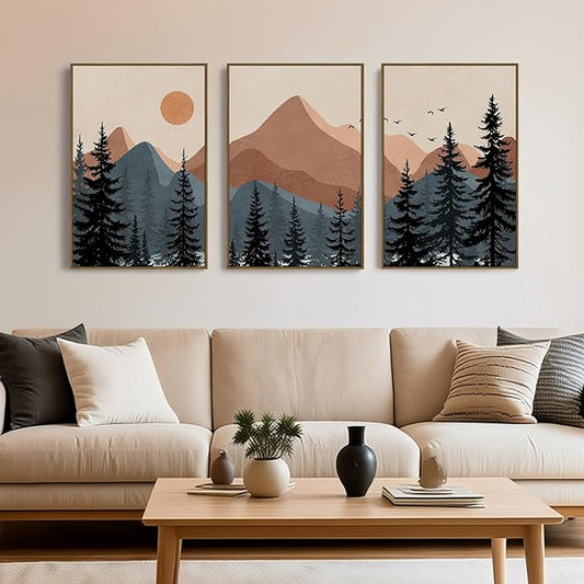 Boho Mountain Wall Art Framed Canvas Mid Century Nature Landscape Sunrise Theme Abstract Black Pines Tree Forest Wall Decor for Living Room, Bedroom, Office - 16x24 Inch, 3 Panels