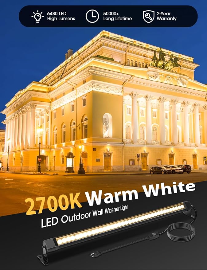 Pro-Grade 54W LED Wall Washer Light Bar 2700K Warm White 6480LM, 40 Inch IP67 Waterproof Outdoor Wall Washer Lights with ON/Off Switch for Landscape & Building (2 Pack)