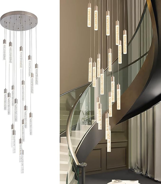 Brushed Nickel 18 Lights Large Foyer Chandeliers for High Ceilings 70 feet Long Spiral Stair Pendant Chandelier Crystal Ceiling Light Fixtures Dimmable 3000k-4000k-6000k